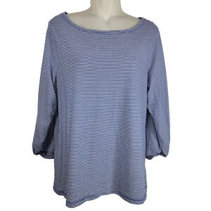 Talbots Petite Top LP Knit Stripe Blue White Cotton Modal Boat Neck 3/4 Sleeve